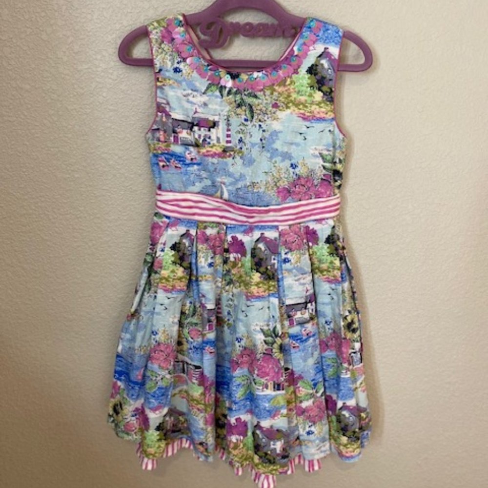 Sz 9 Monsoon Kids Cotton Dress with Village Scenes